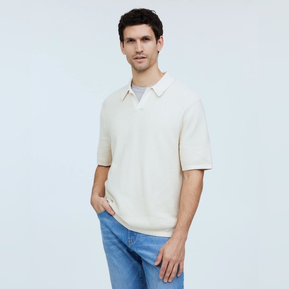 Madewell Men Ivory Johnny Collar Short Sleeve Sweater Polo Size Medium - Picture 2 of 15